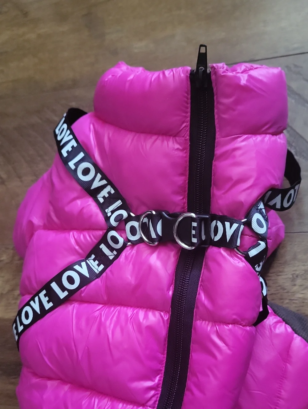Hot Pink Dog Puffer Coat with Built In Harness LOVE Strap. Size Small.